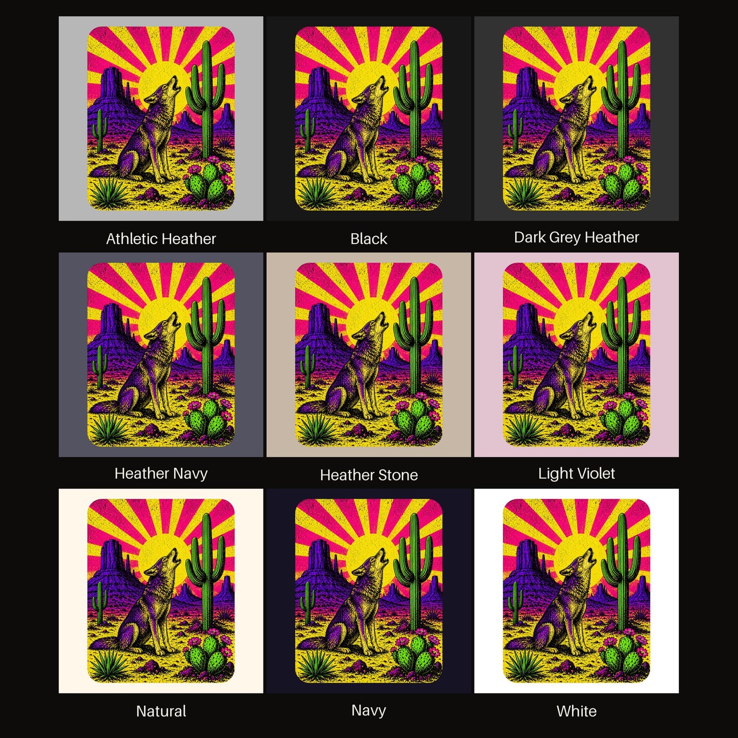 Neon Sunburst Howling Coyote tee shown in all available colors