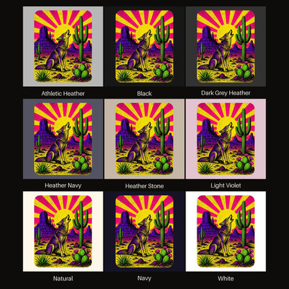 Neon Sunburst Howling Coyote tee shown in all available colors