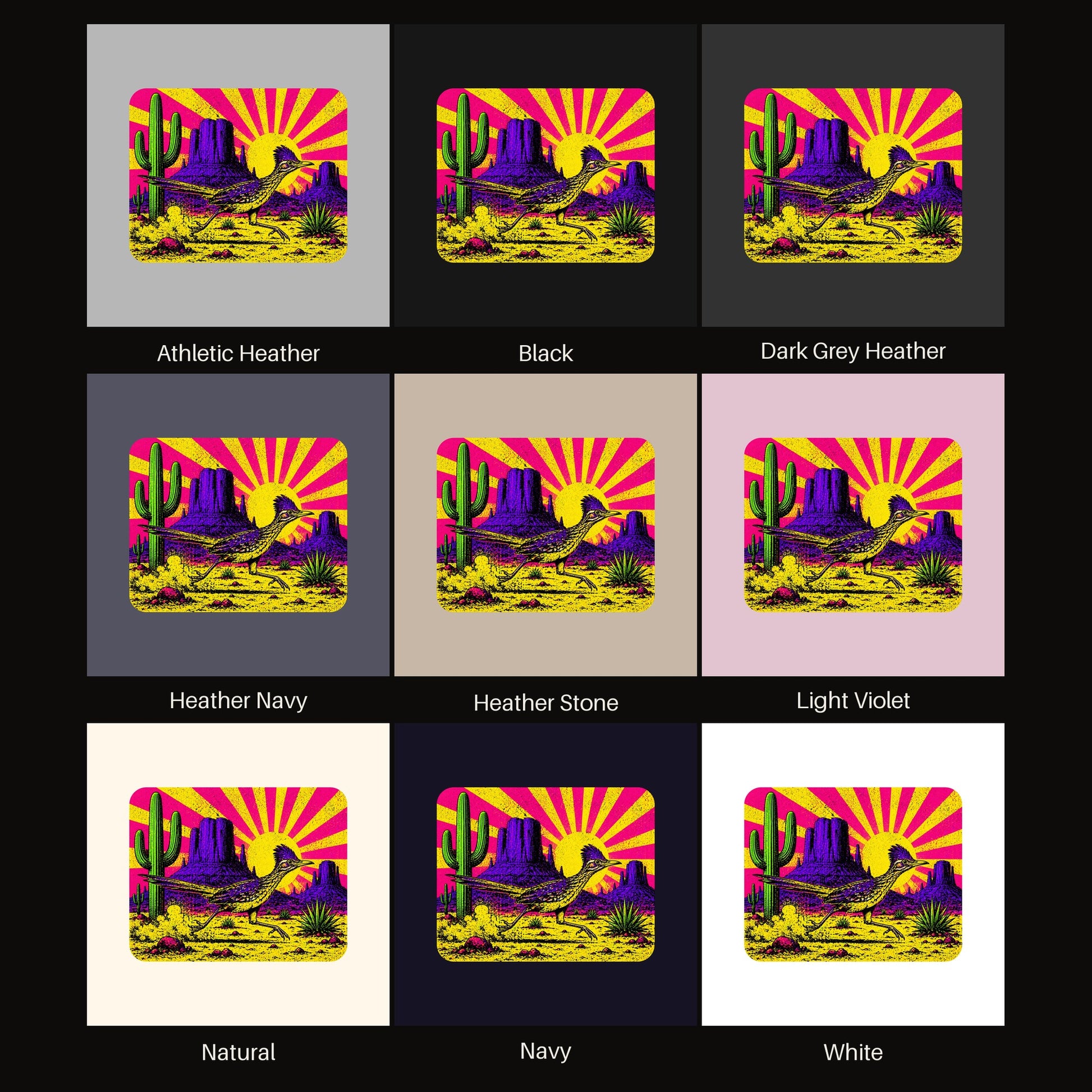 Neon Roadrunner Monument Valley tee shown in all available colors