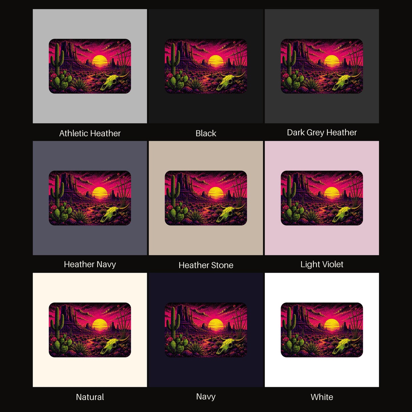 Blacklight Desert Skull Sunset tee shown in all available colors