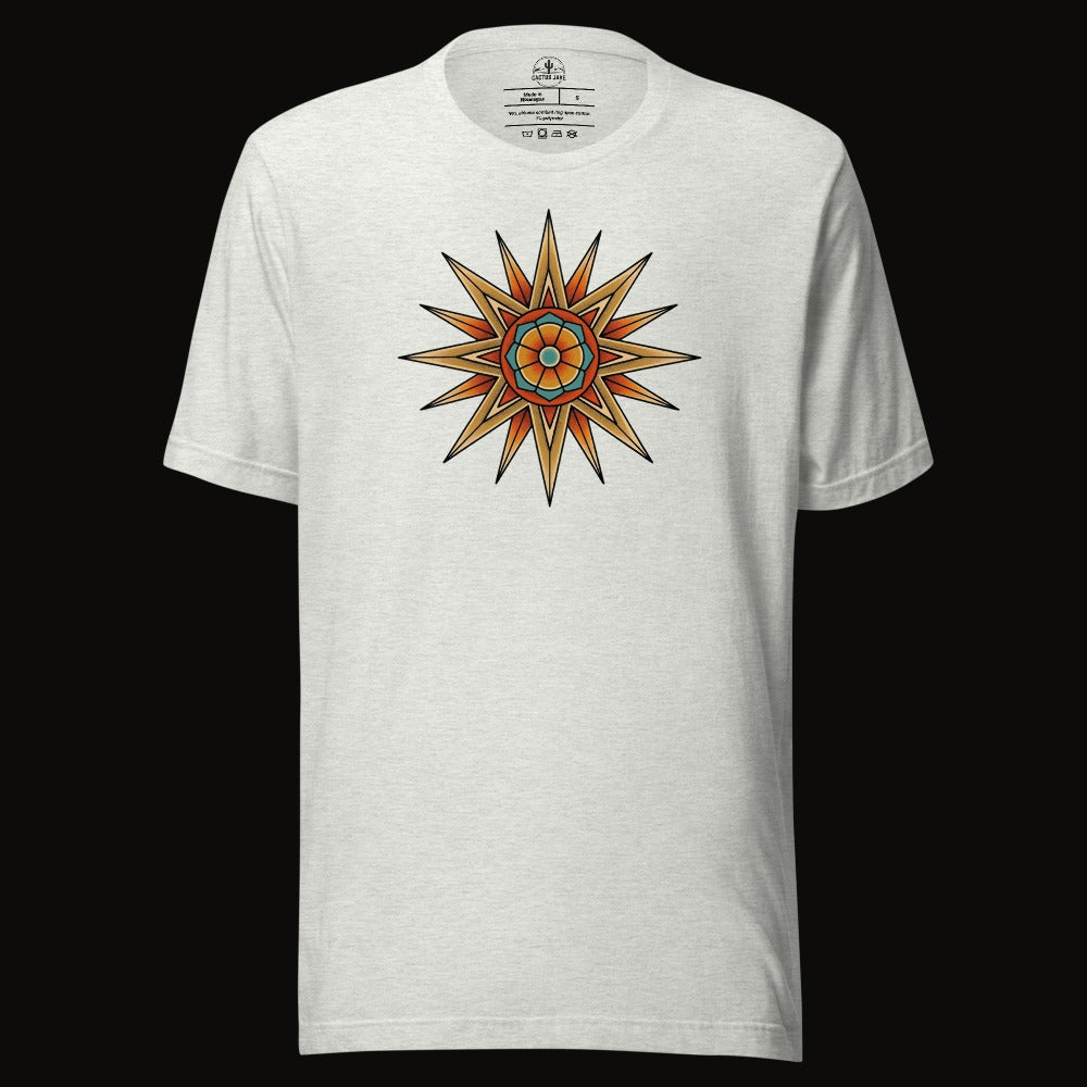 Ash tee with the Compass Star Mandala graphic