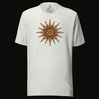 Ash tee with the Compass Star Mandala graphic