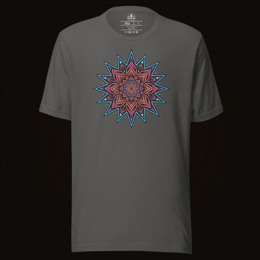 Asphalt tee with the Neon Burst Mandala graphic