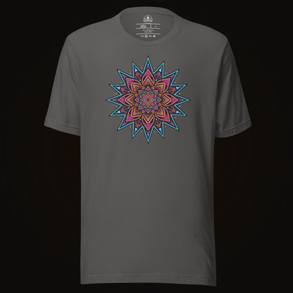 Asphalt tee with the Neon Burst Mandala graphic