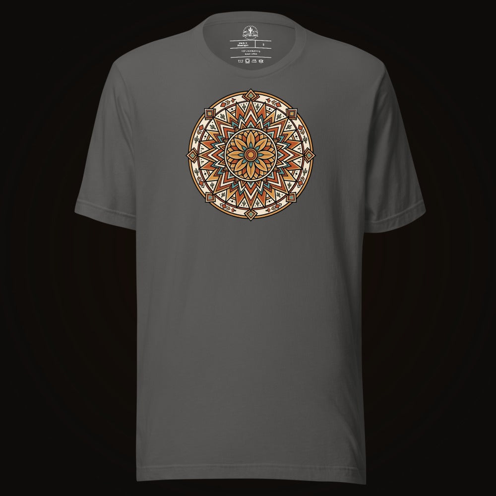 Asphalt tee with the Desert Sunburst Mandala graphic