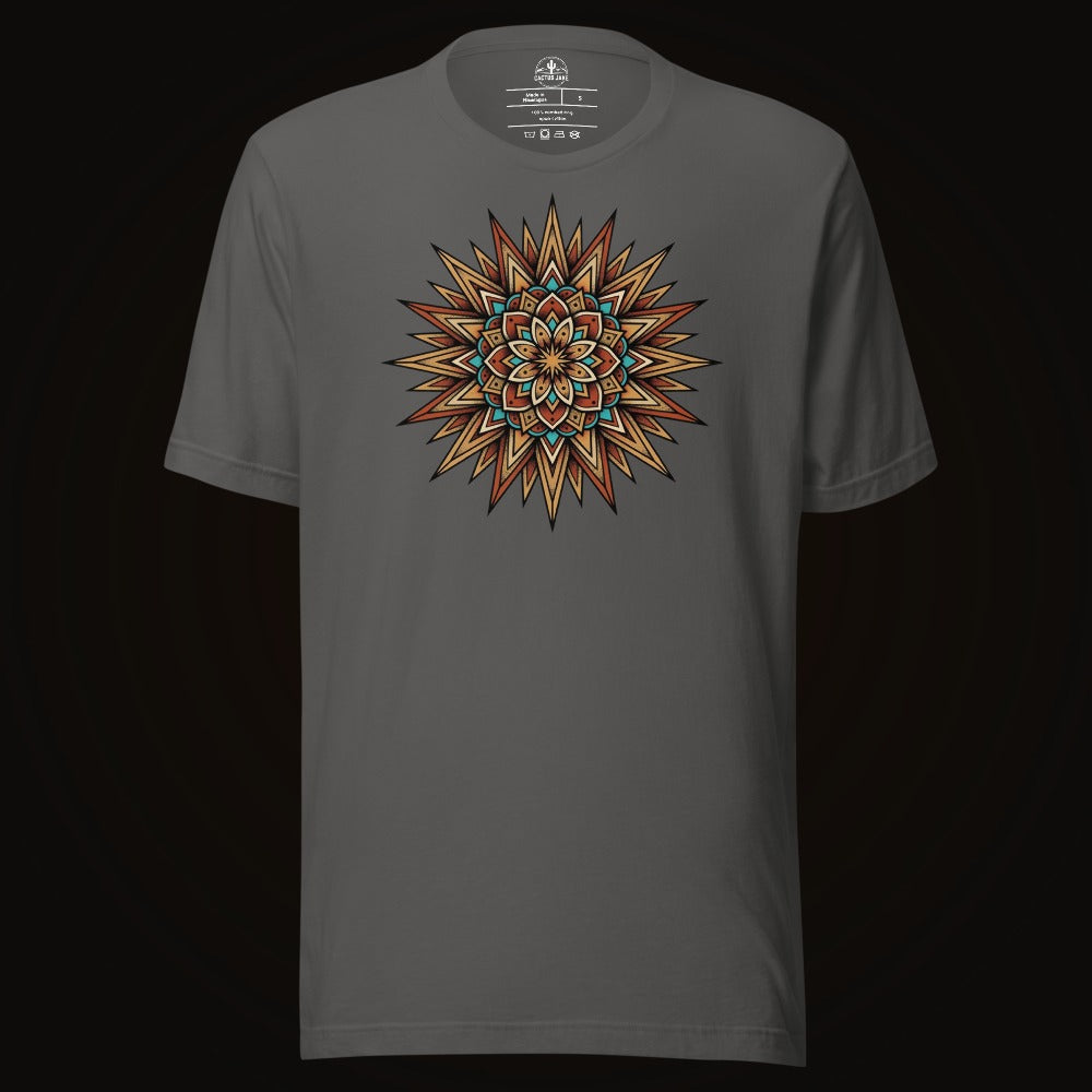 Asphalt tee with the Turquoise Burst Mandala graphic