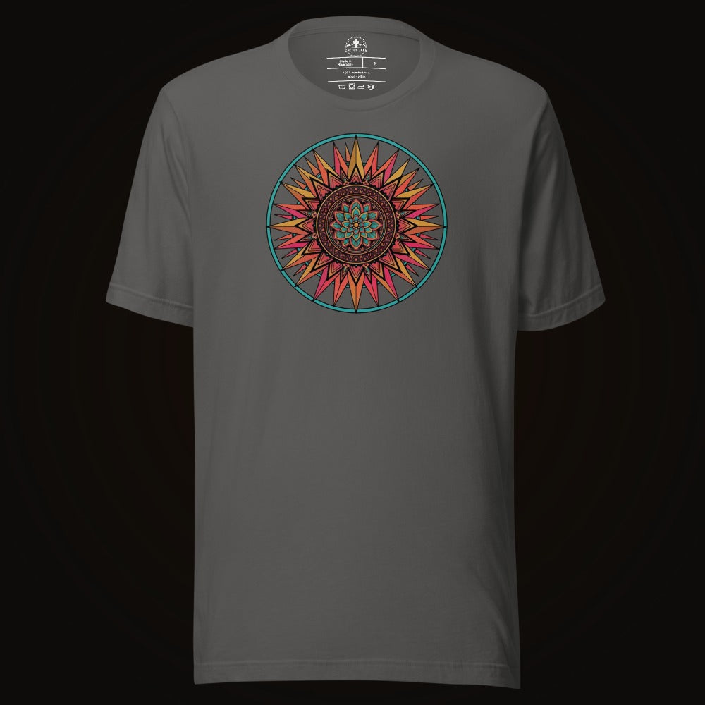 Asphalt tee with the Sunset Mandala graphic
