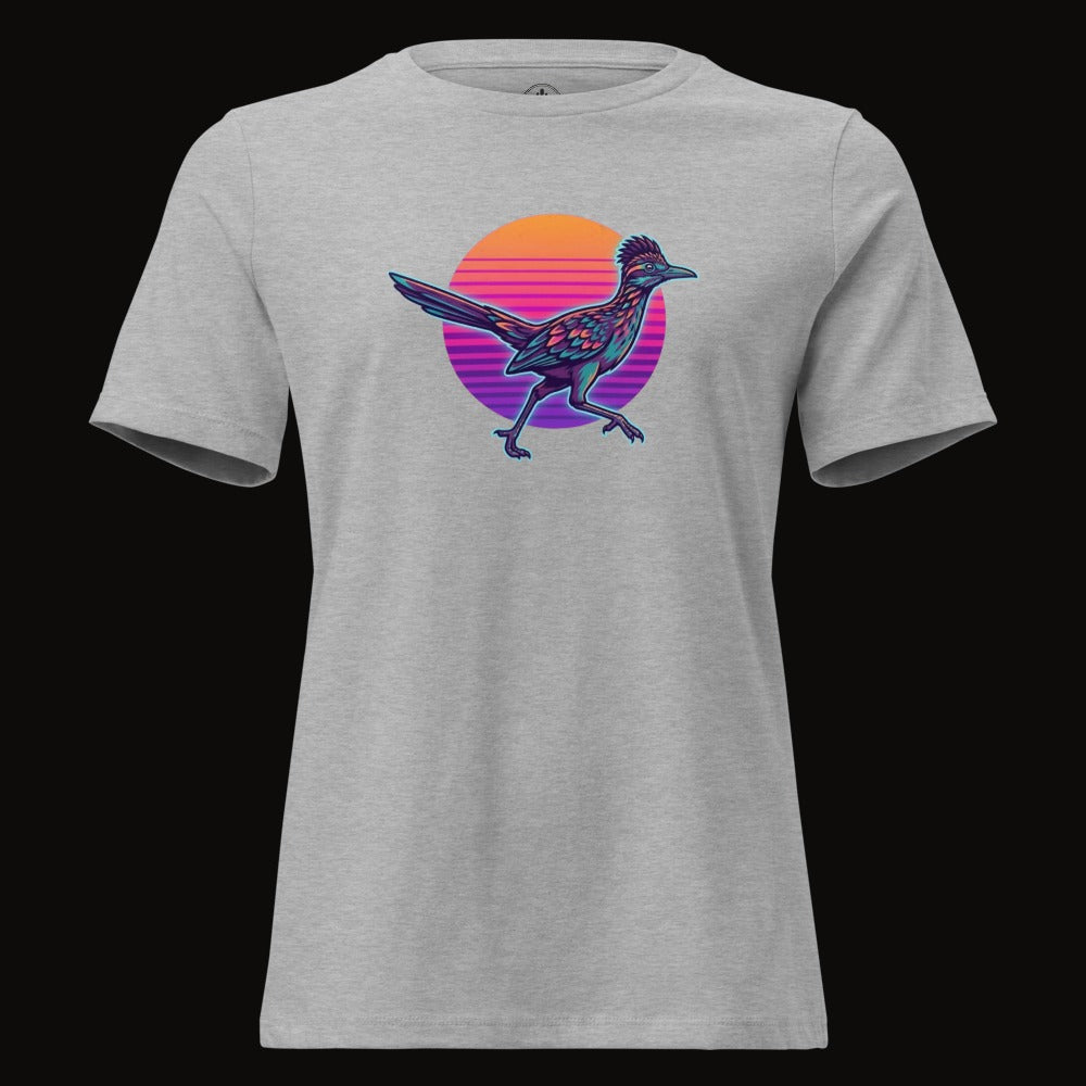Athletic Heather tee with the Synthwave Roadrunner Sunset graphic