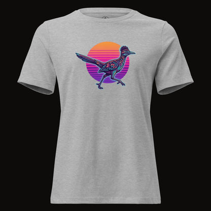 Athletic Heather tee with the Synthwave Roadrunner Sunset graphic