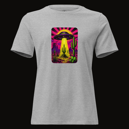Athletic Heather tee with the Neon Beam Desert UFO graphic
