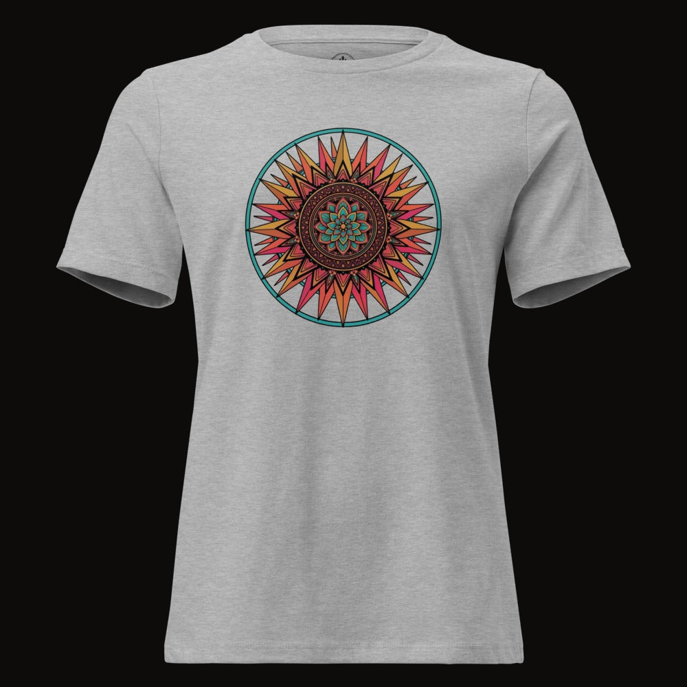 Athletic Heather tee with the Teal Ring Sunset Mandala graphic