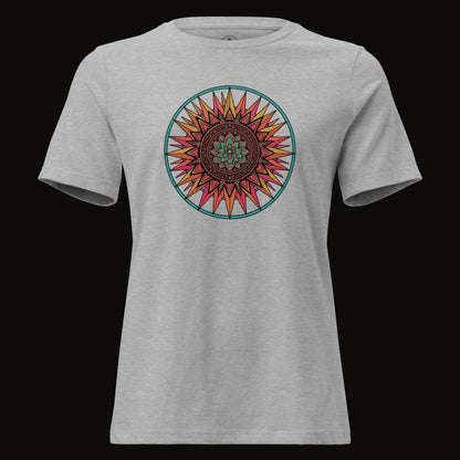 Athletic Heather tee with the Teal Ring Sunset Mandala graphic