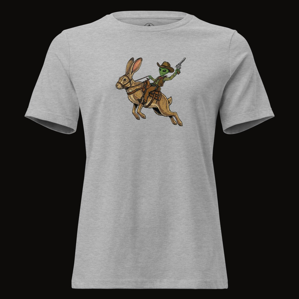 Athletic Heather tee with the Alien Cowboy Jack Rabbit graphic
