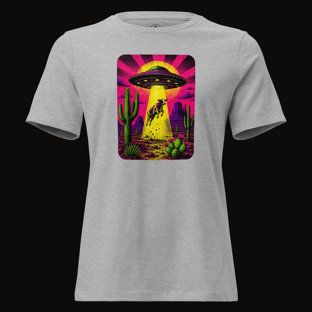 Athletic Heather tee with the Neon Cow Abduction graphic