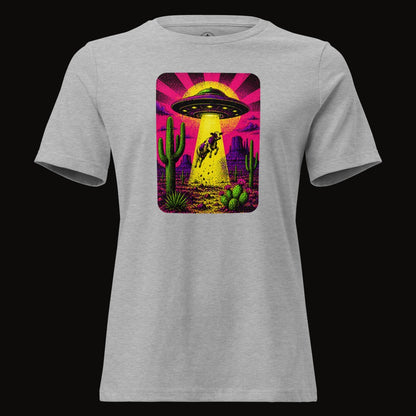 Athletic Heather tee with the Neon Cow Abduction graphic