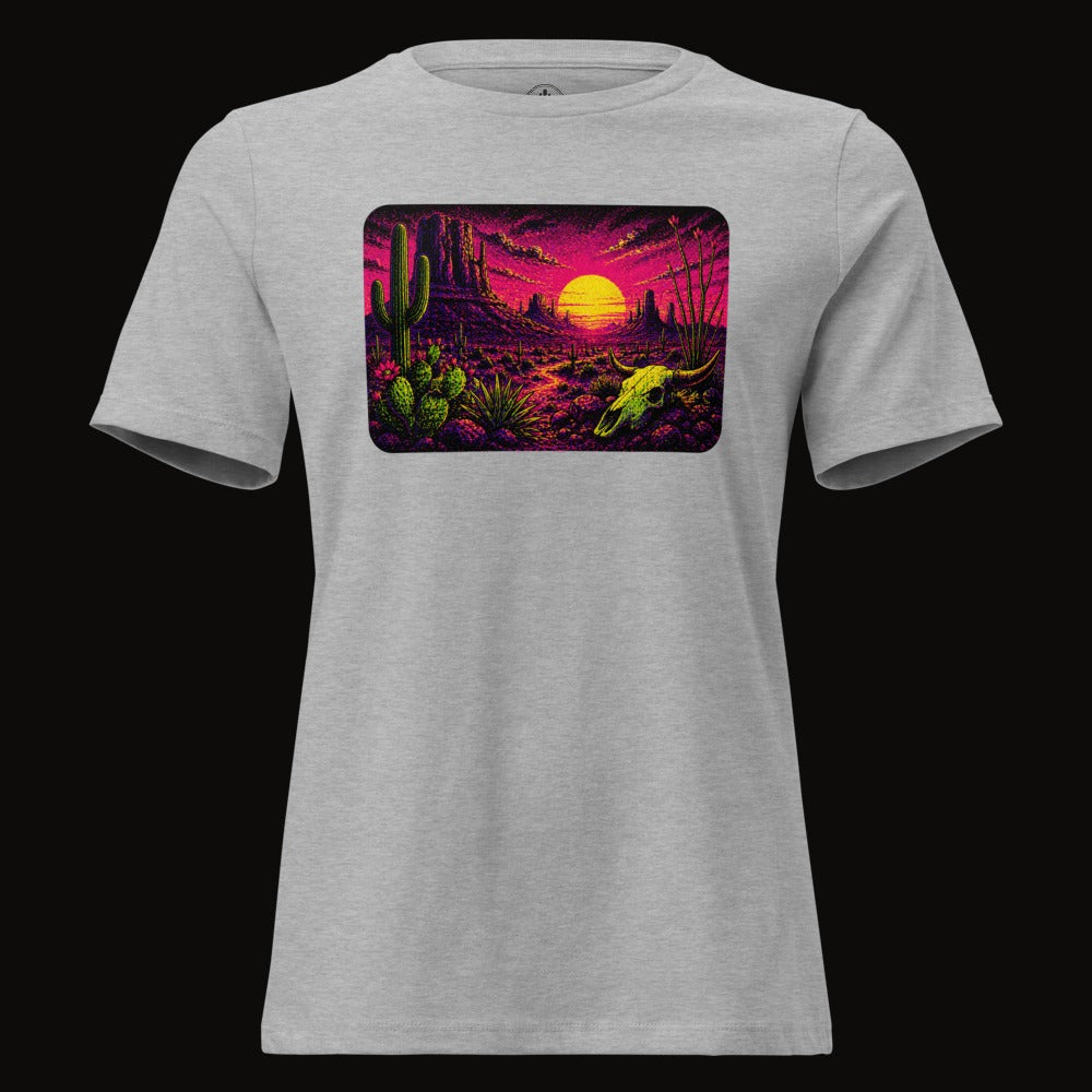 Athletic Heather tee with the Blacklight Desert Skull Sunset graphic