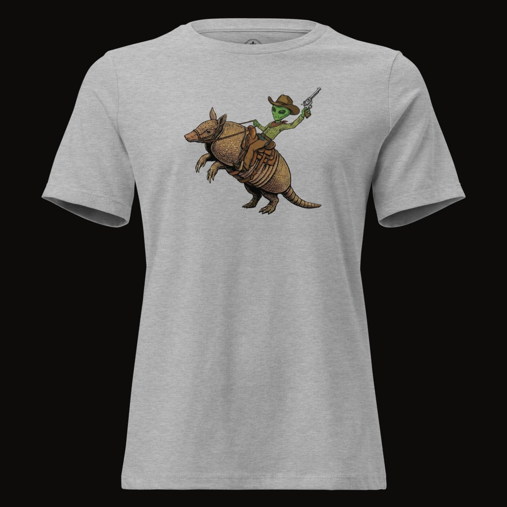 Athletic Heather tee with the Alien Cowboy Armadillo Rider graphic