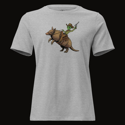Athletic Heather tee with the Alien Cowboy Armadillo Rider graphic