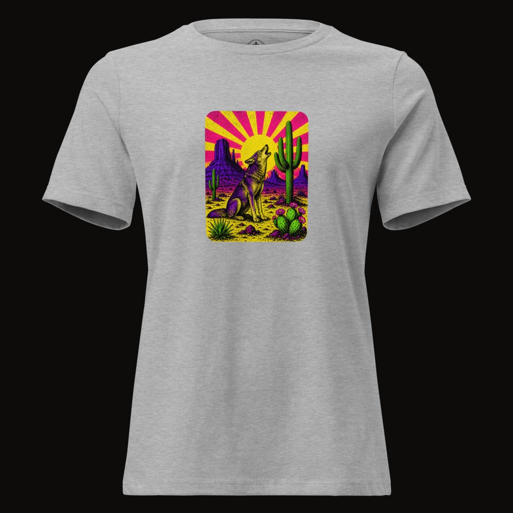 Athletic Heather tee with the Neon Sunburst Howling Coyote graphic