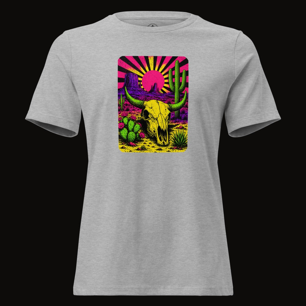 Athletic Heather tee with the Neon Skull Sunburst Desert graphic