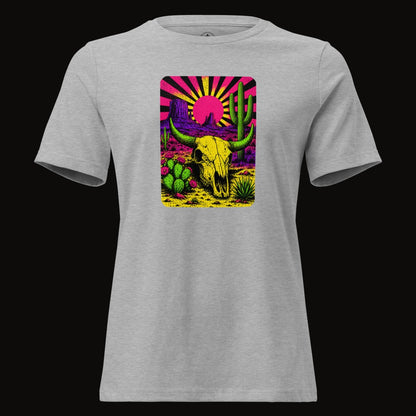 Athletic Heather tee with the Neon Skull Sunburst Desert graphic