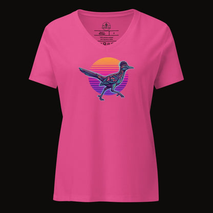 Berry V-neck tee with the Synthwave Roadrunner Sunset graphic