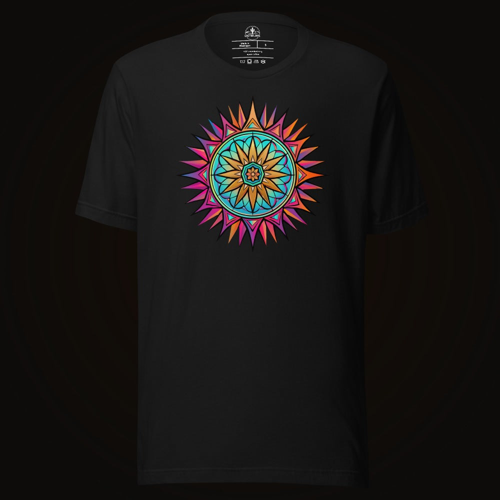 Black tee with the Neon Gradient Mandala graphic