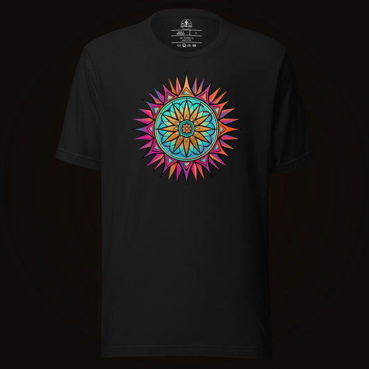 Black tee with the Neon Gradient Mandala graphic