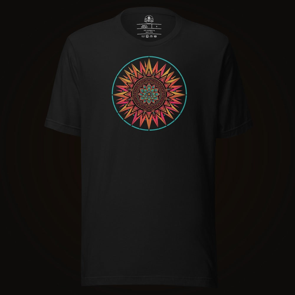 Black tee with the Sunset Mandala graphic