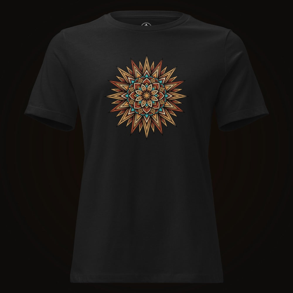 Black tee with the Desert Sun Mandala graphic
