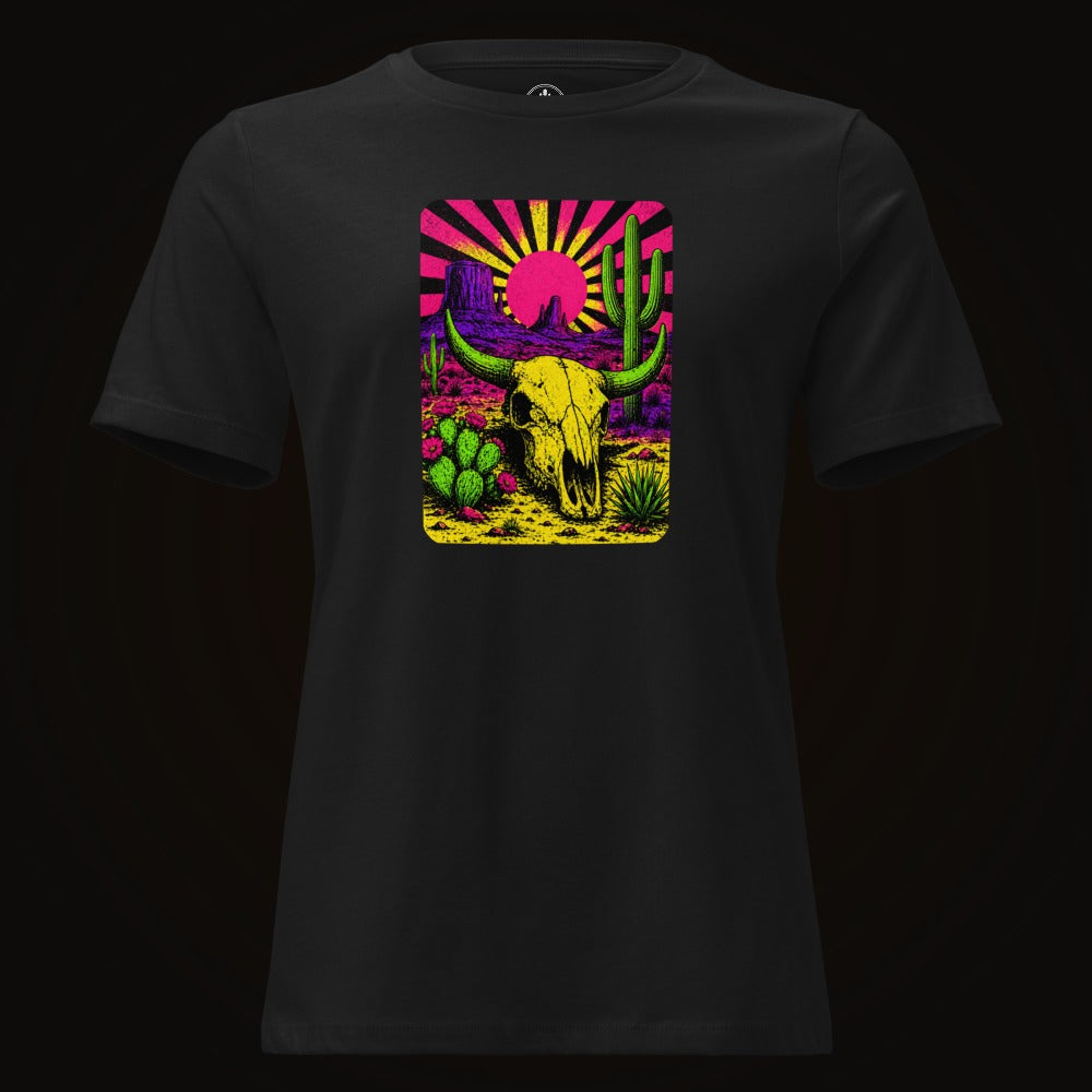 Black tee with the Neon Skull Sunburst Desert graphic
