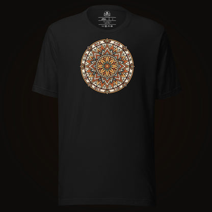 Black tee with the Desert Sunburst Mandala graphic