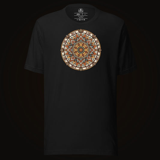 Black tee with the Desert Sunburst Mandala graphic