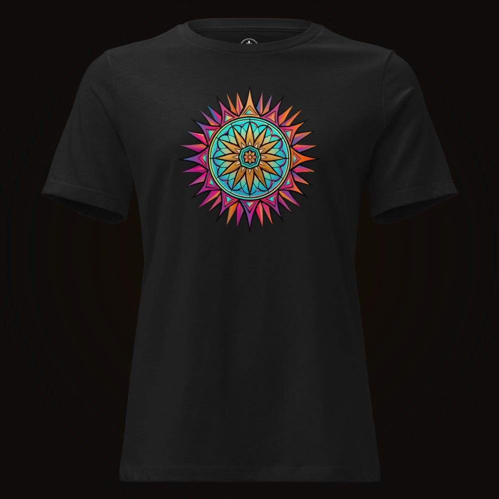 Black tee with the Neon Gradient Mandala graphic