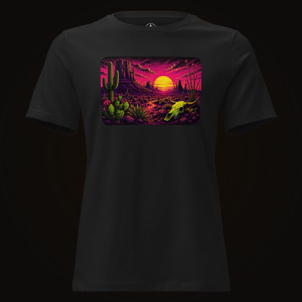 Black tee with the Blacklight Desert Skull Sunset graphic