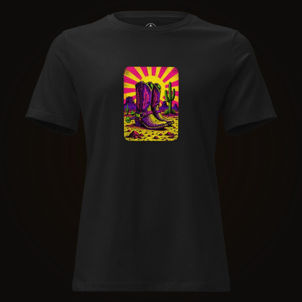 Black tee with the Neon Sunburst Boots graphic