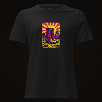 Black tee with the Neon Sunburst Boots graphic