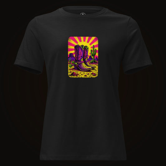 Black tee with the Neon Sunburst Boots graphic