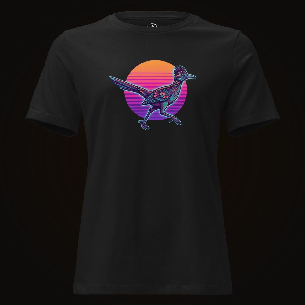 Black tee with the Synthwave Roadrunner Sunset graphic