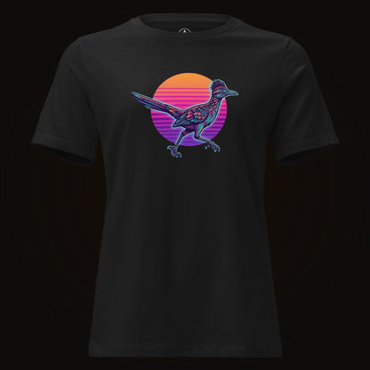 Black tee with the Synthwave Roadrunner Sunset graphic