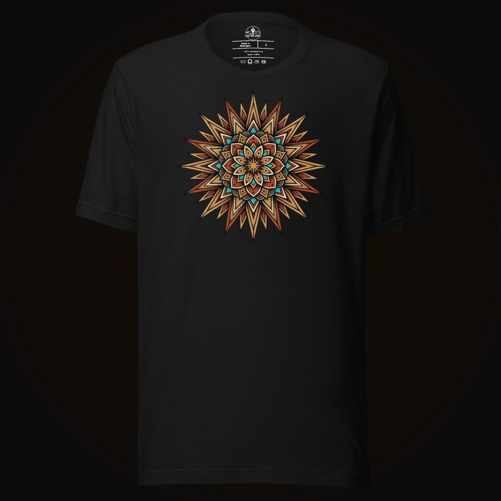 Black tee with the Turquoise Burst Mandala graphic