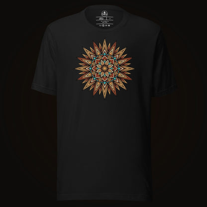 Black tee with the Turquoise Burst Mandala graphic