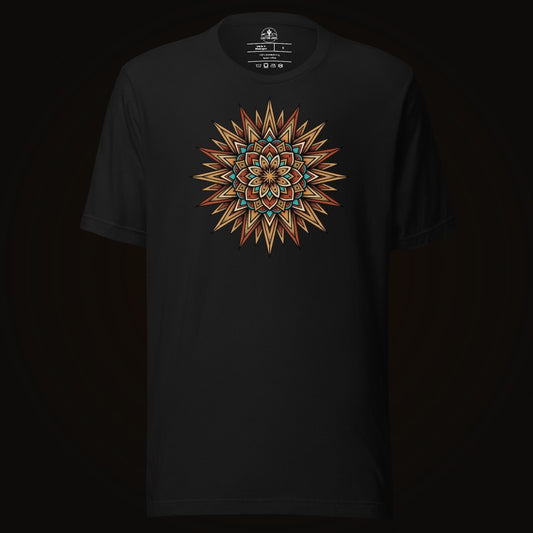 Black tee with the Turquoise Burst Mandala graphic