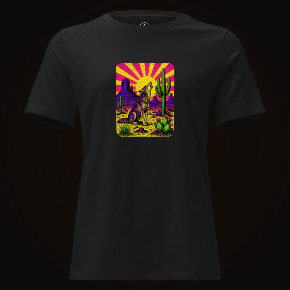 Black tee with the Neon Sunburst Howling Coyote graphic