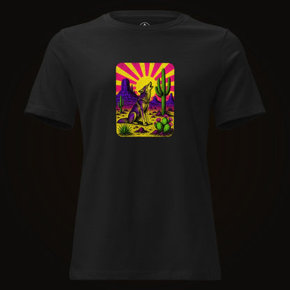 Black tee with the Neon Sunburst Howling Coyote graphic