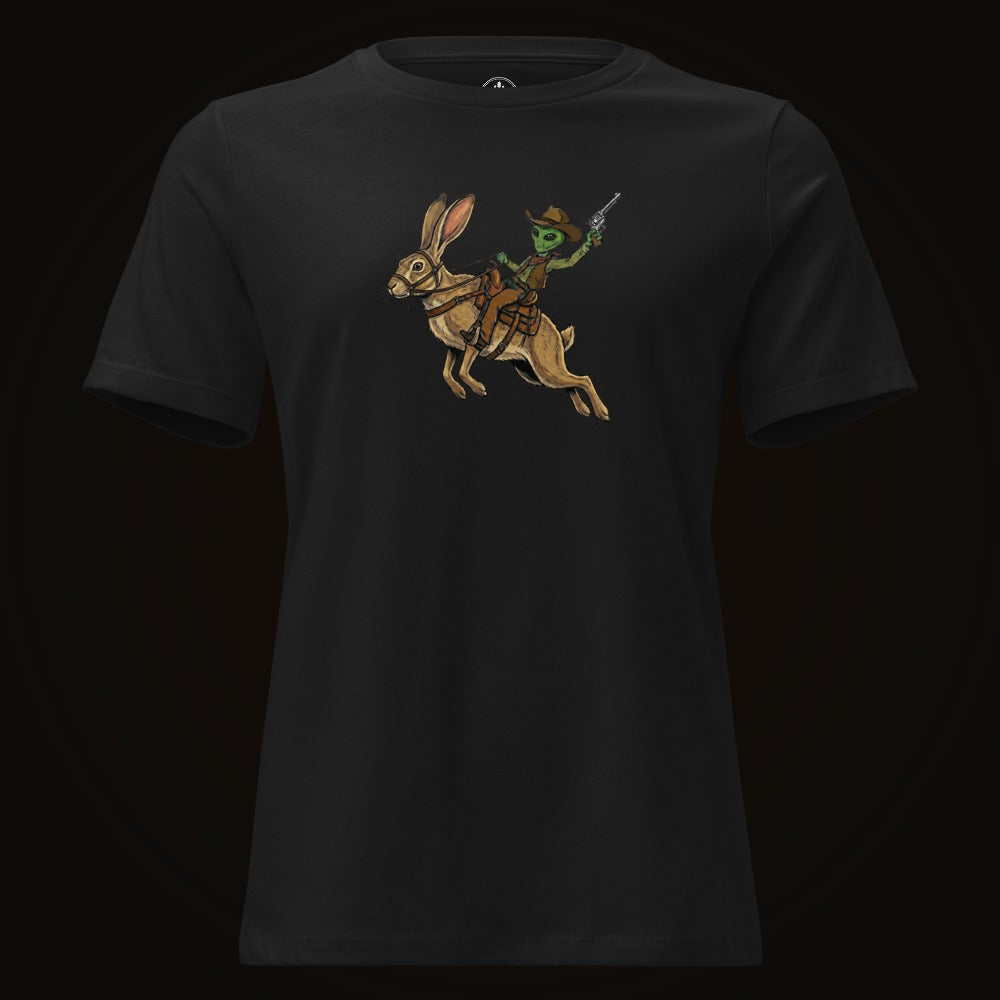 Black tee with the Alien Cowboy Jack Rabbit graphic