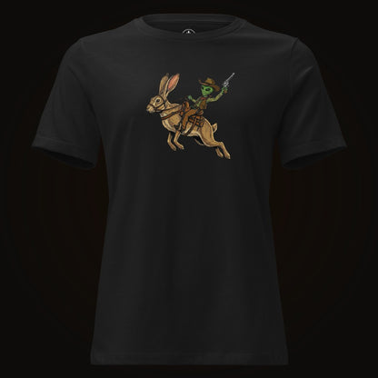 Black tee with the Alien Cowboy Jack Rabbit graphic