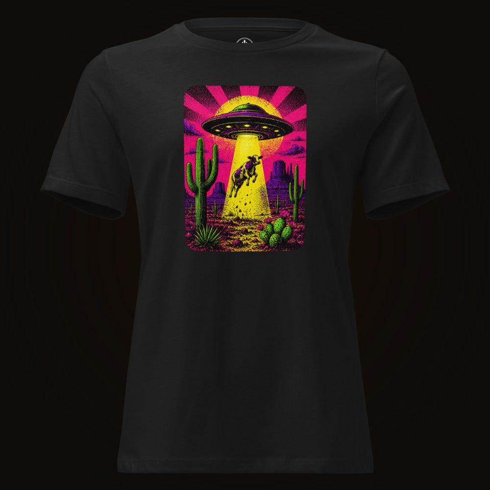 Black tee with the Neon Cow Abduction graphic