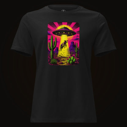 Black tee with the Neon Cow Abduction graphic