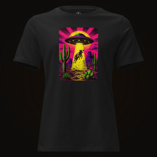 Black tee with the Neon Cow Abduction graphic
